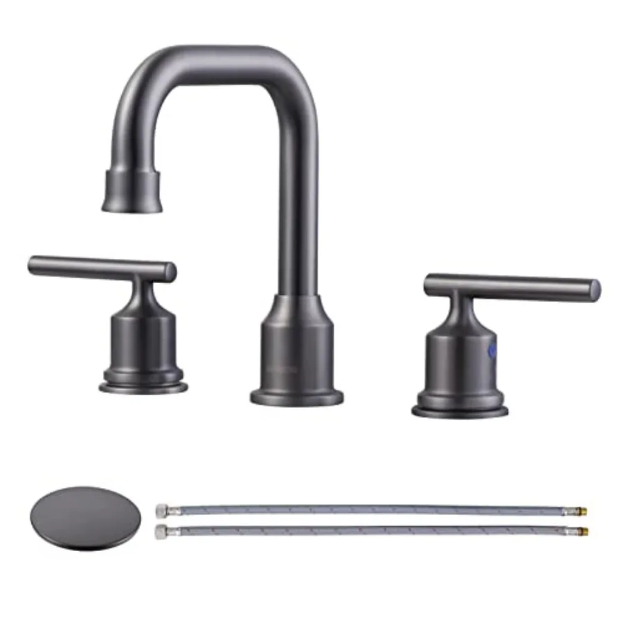 

Widespread Bathroom Faucet Brass Bathroom Sink Faucet Dark Grey Vanity Tap 3 Hole with Drain and Supply Lines, 2 Handle Basin M