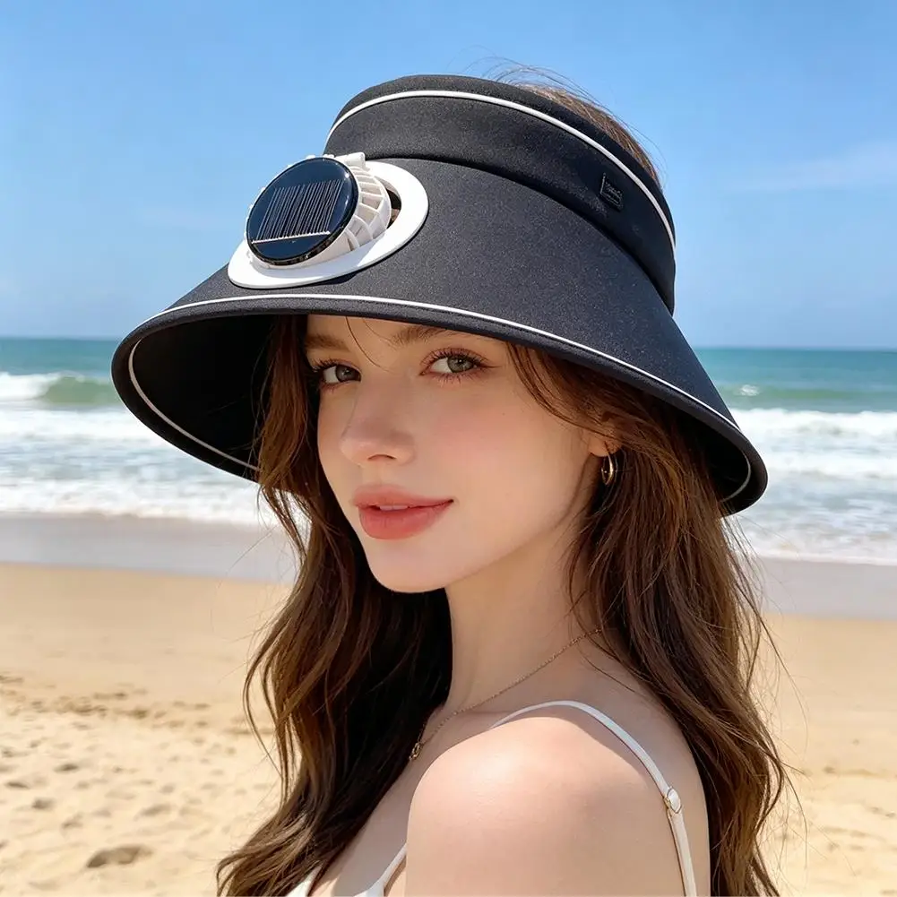 Wide Brim Sun Hat with Fan Solar Powered Fan Empty Top Outdoor Visor Hat Sunshade Breathable Beach Sunshade Hat