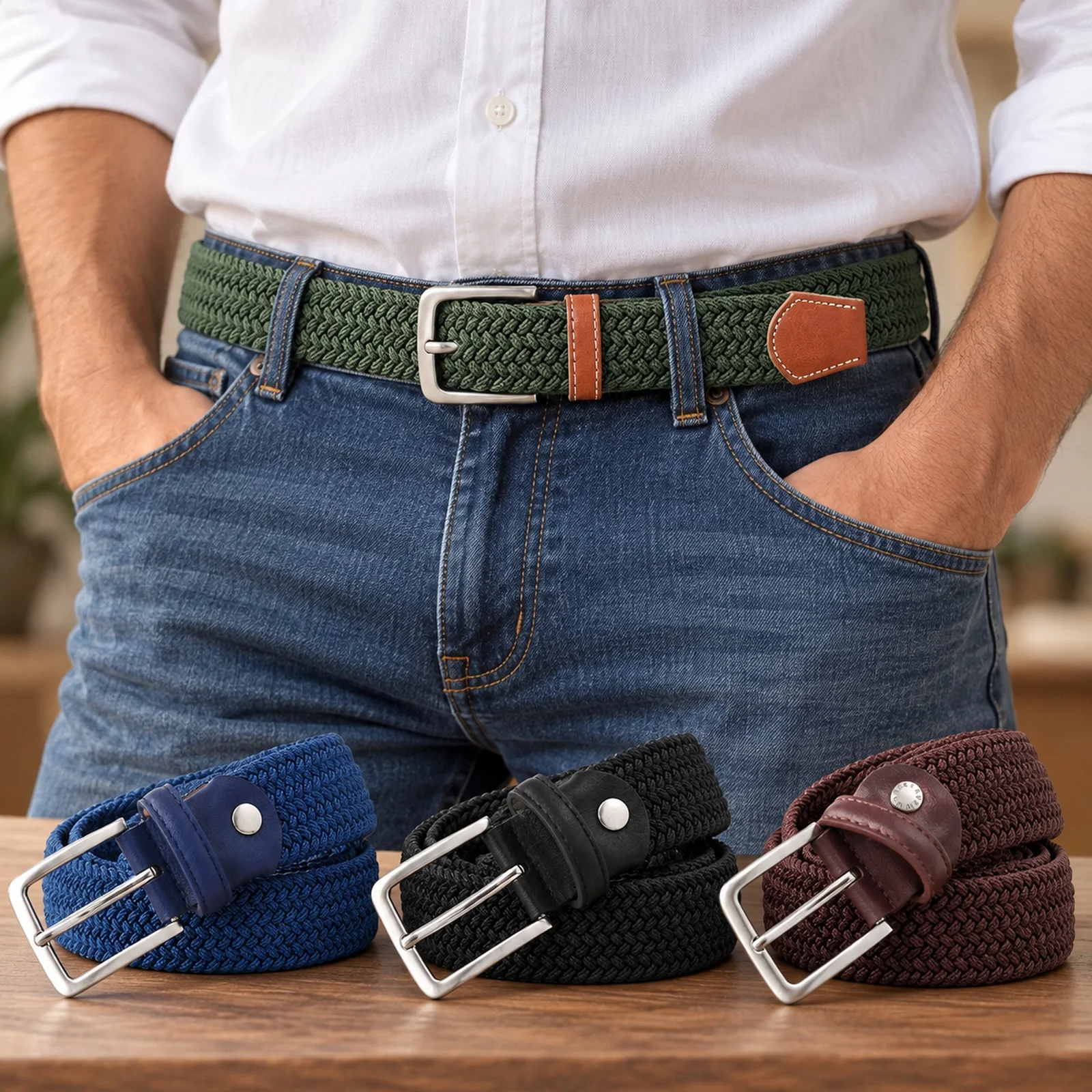 Unisex Plus Size 140cm Elastic Braided Belt Four Colors Stretch Woven Waist Belt Pin Buckle Jeans Trousers Comfortable Daily