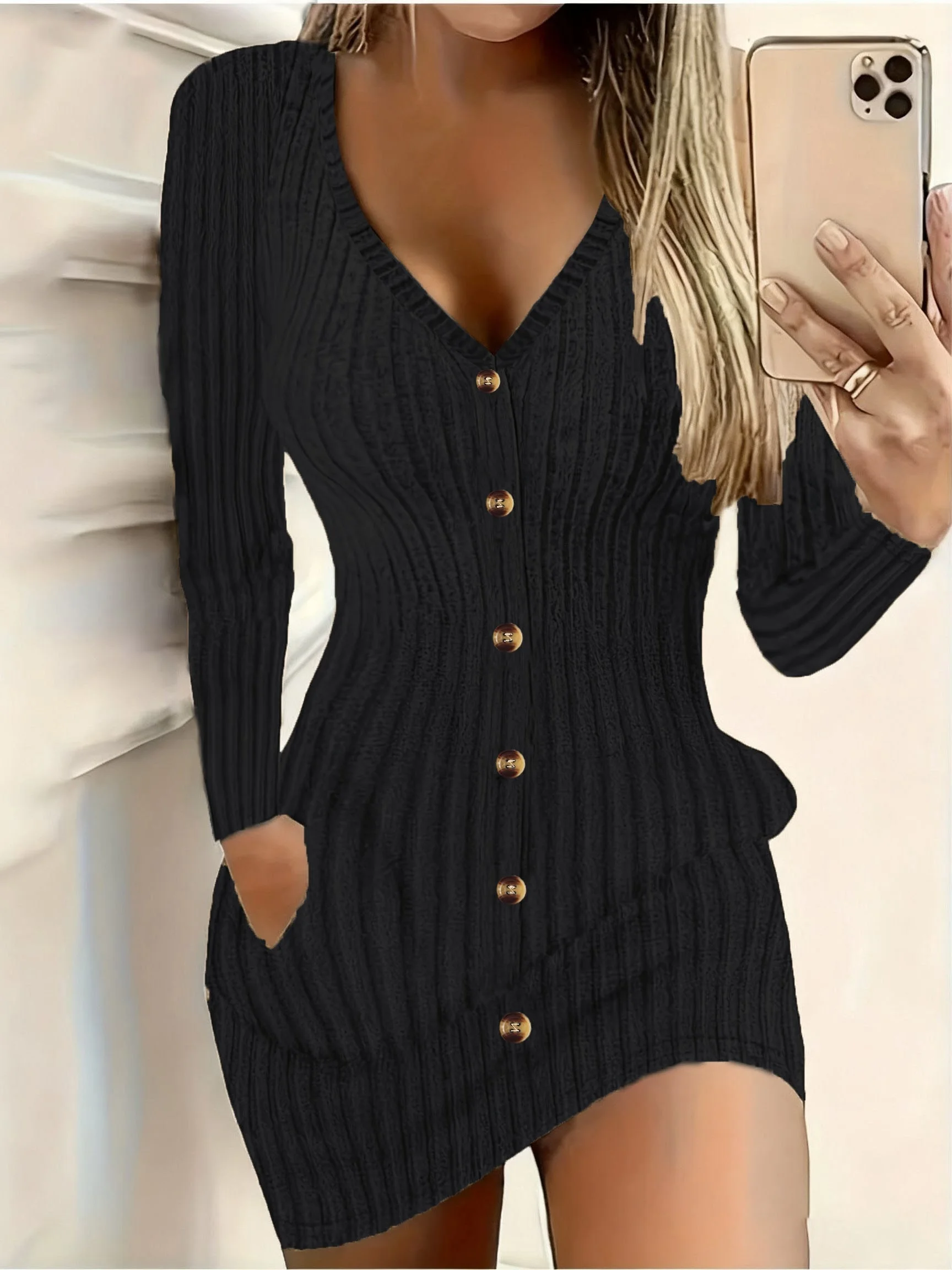 Fashionable Style Long Sleeves Double Side Pockets Textured Fabric Slim-Fit Dress