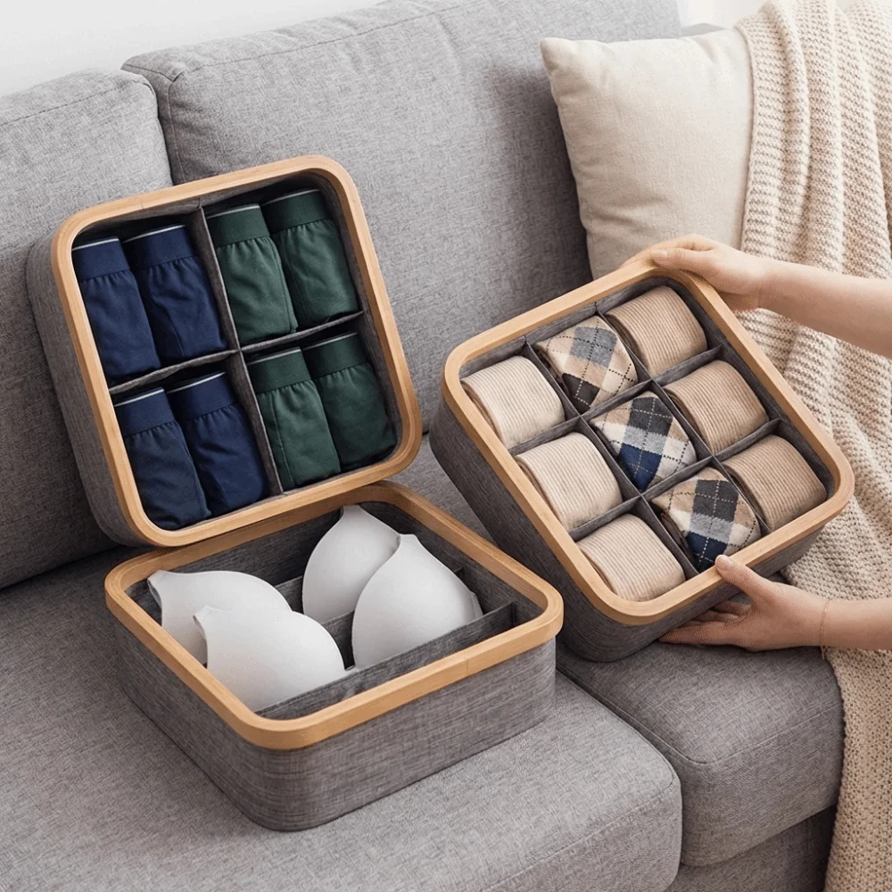 3 /4/9 Grids Underwear Storage Box Thickened Folding Pants Storage Box Bamboo Frame Save Space Storage Baskets Bedroom