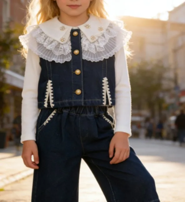 Childrens Sets New Autumn Season Creative  Embroidery Girls Cowboy Three Piece Korean Elastic Waist Pocket Sweet