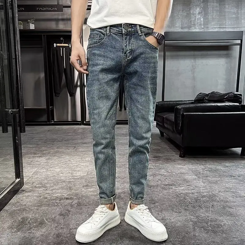 

High-end Vintage Retro Jeans Men's Nine-point Pants New Casual Trendy Brand Small Foot Pants Trousers Japanese 2000s Clothing