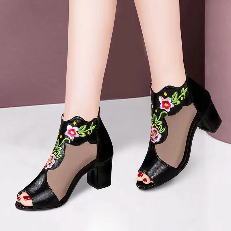 Sexy Black Mesh Embroidery Floral Pumps Women Autumn 2024 Thick Square Heels Peep Toe Shoes Woman High Heeled Patchwork Sandals