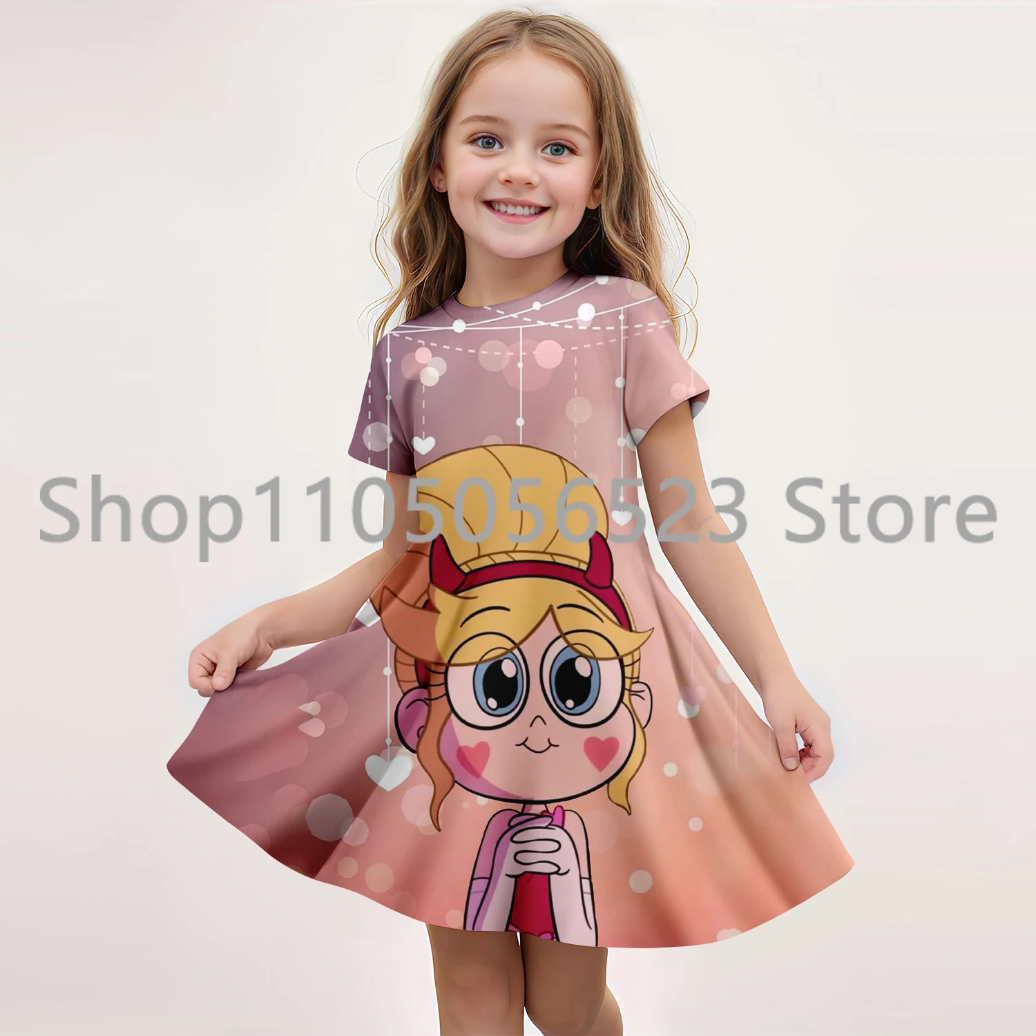 

2025 Summer New Children's Clothing 3D Printed Star Butterfly Short-Sleeved Dress 7-13 Years Kids Princess Performance Clothing
