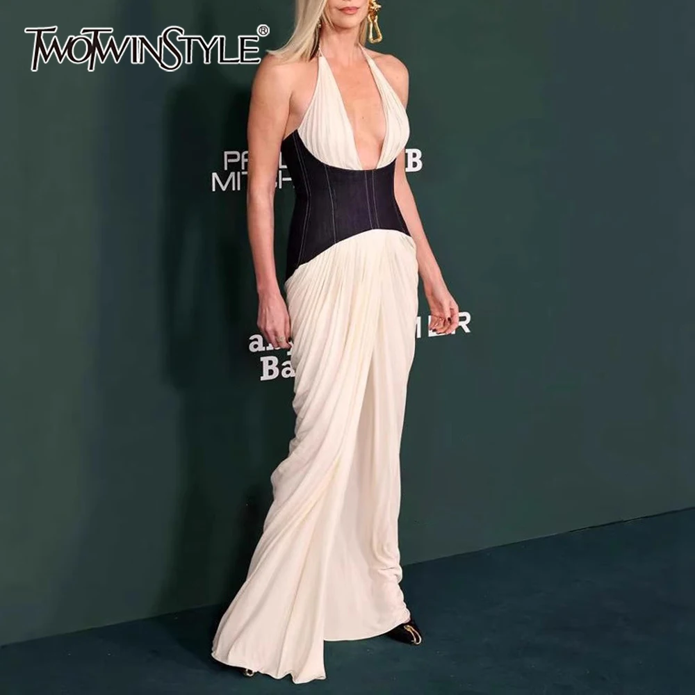 

TWOTWINSTYLE Hit Color Slimming Spliced Folds Dresses for Women Deep V Neck Sleeveless Tunic Temperament Dress Female