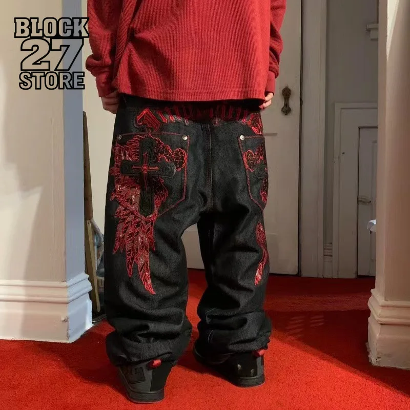 New Y2K American Retro Embroidery Jeans Unisex Wide Leg Denim Pants Hip Hop Streetwear Baggy Trousers Casual Fashion Harajuku
