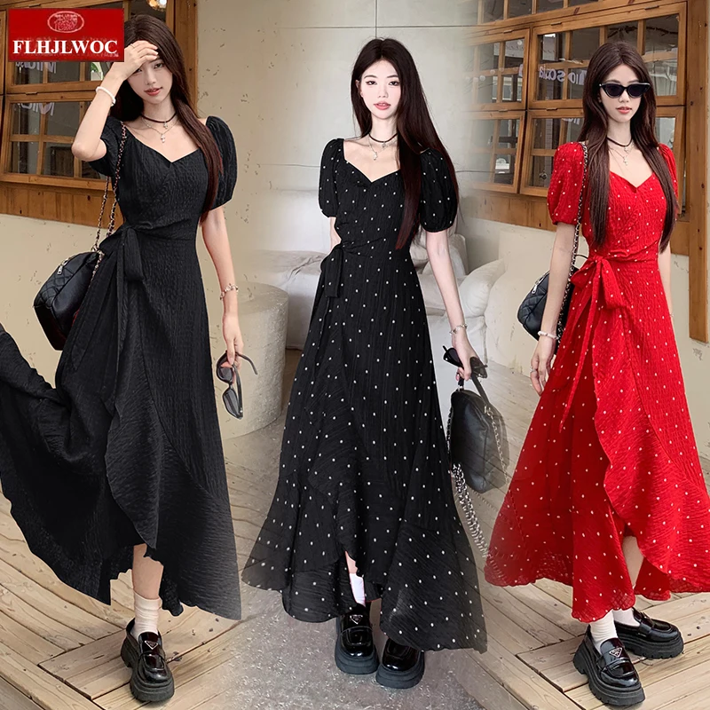 Ano novo natal vestidos vermelhos chique coreano feminino elegante senhora retro vintage longo maxi rendas de uma peça babados dot camisa vestido
