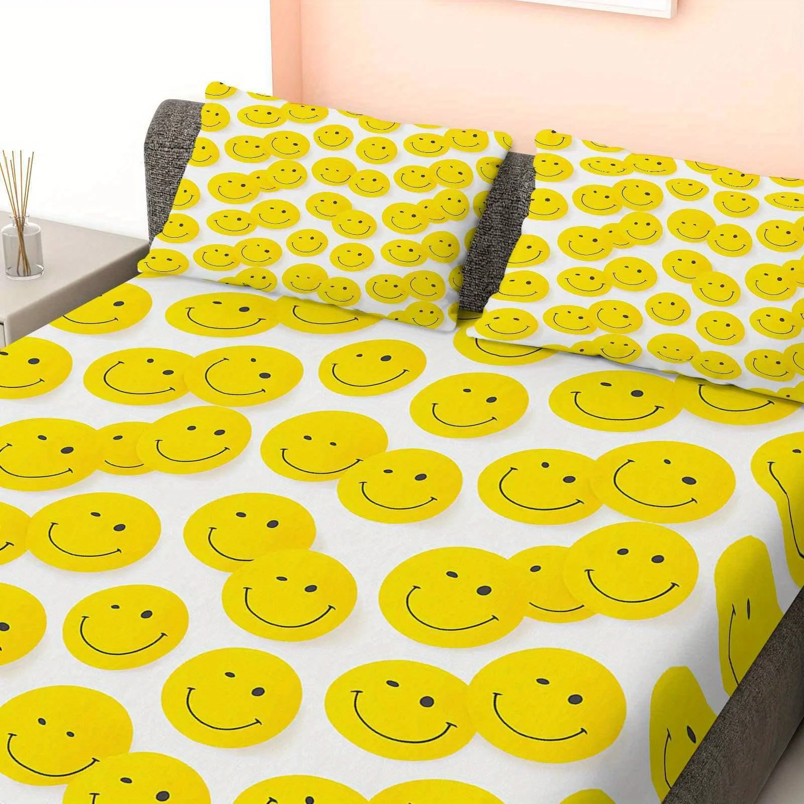 3-Piece Mattress Protector Set, 2D Flat Printed Fitted Sheet, Yellow Smiley Face Bed Sheet Set with Happy Theme, Bright and Lively Pattern Bedding, Mattress Protector