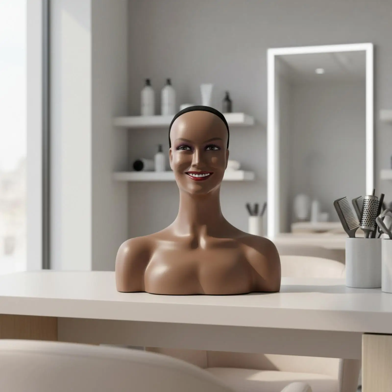 PVC Display Mannequin Head with Smiling Face and Shoulders for Wig Hat Jewelry Showcase Retail Store Window Display
