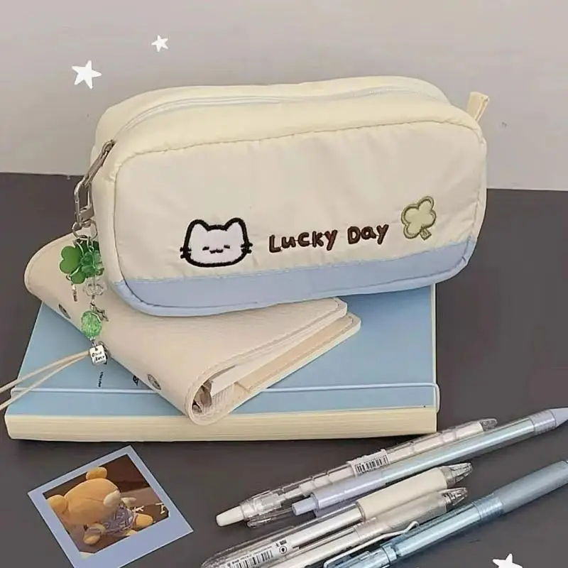 Four Leaf Clover Kitten Pencil Case Cartoon Large Capacity Zipper Pencil Bag Student Stationery Storage Bag School Supplies