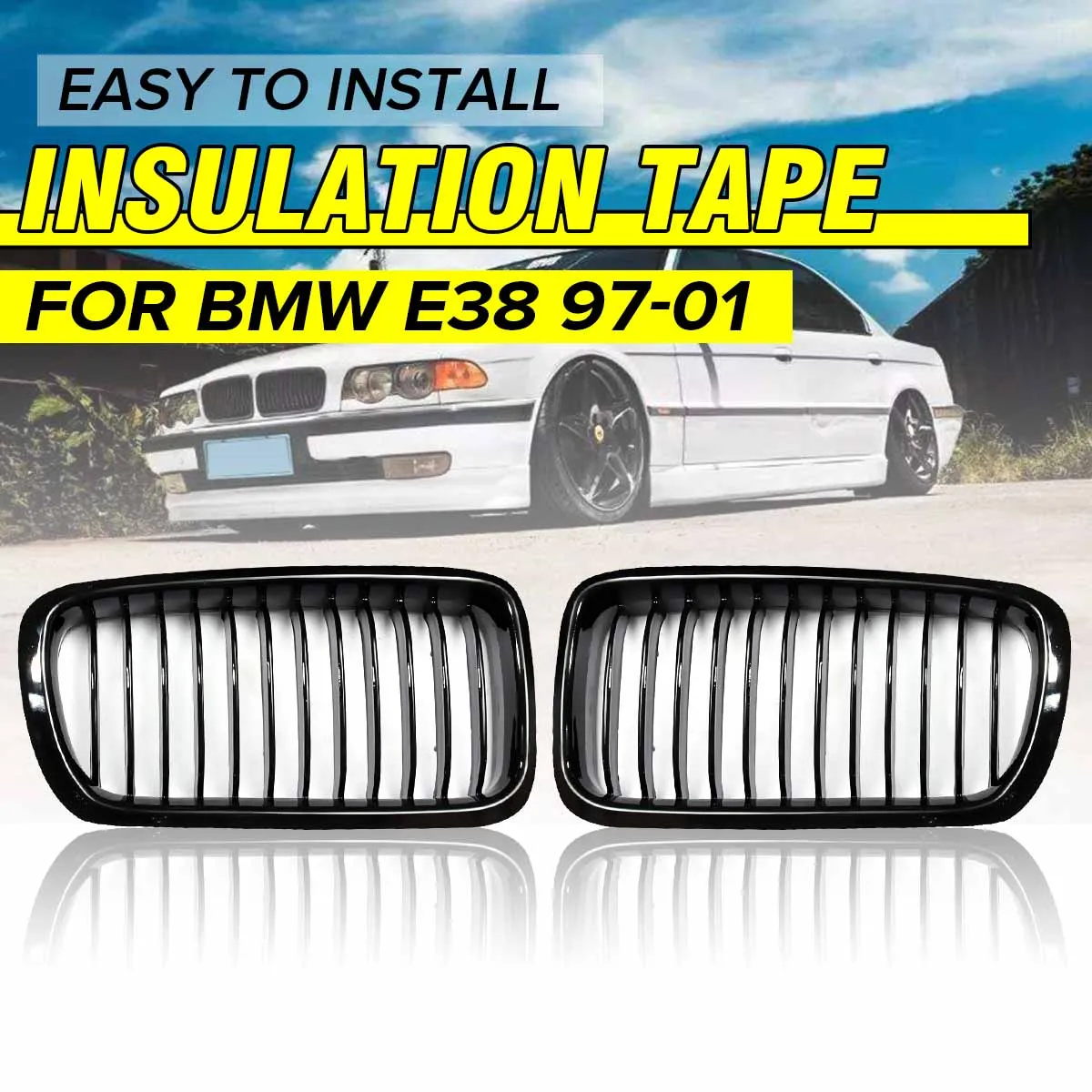 

For BMW 7 Series E38 4-Door Sedan 1999-2001 Front Kidney Racing Grille Pair Glossy Black Grill Single Slat Cover