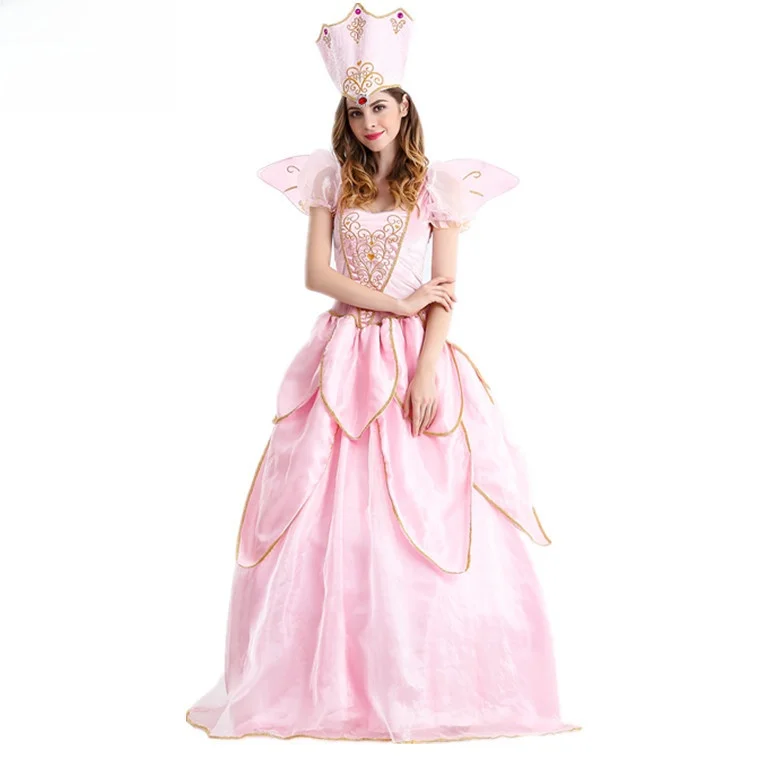 ชุดคอสตูมเจ้าหญิงสีชมพูสำหรับผู้ใหญ่ ชุดแสดงวันฮาโลวีน นางฟ้าแม่ทูนหัว กระโปรงยาว ชุดแสดงบนเวที ทำจากเส้นใยโพลีเอสเตอร์ 100%