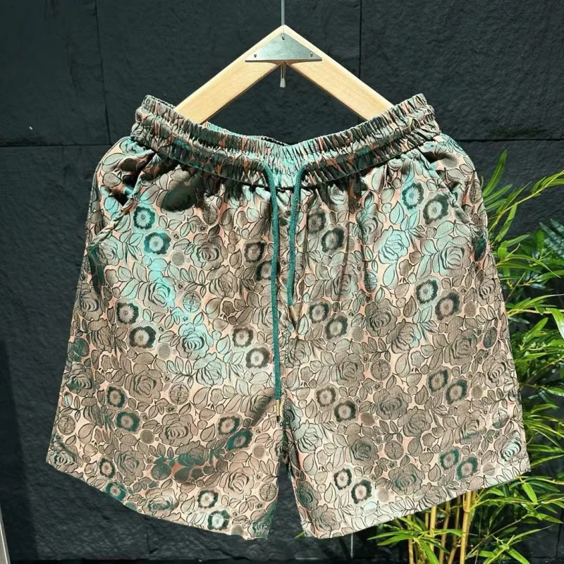 Calça fina recortada de seda gelo masculina, estampada vintage, perna reta, cinco calças, solta, shorts casuais, verão da moda