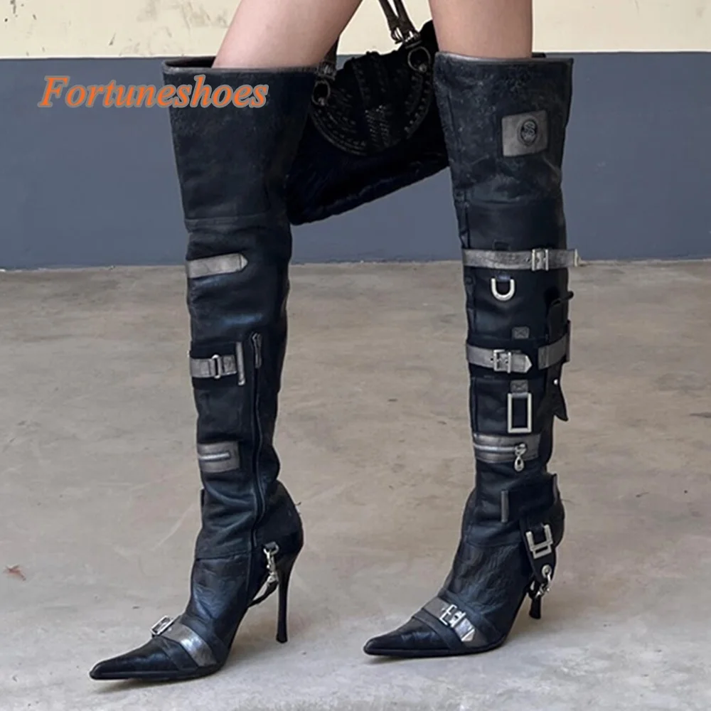 

Chain Rivet Stiletto Heel Boots Pointed Toe Metal Decoration Side Zipper Pumps 2025 Newest Fashion Casual Over The Knee Pumps