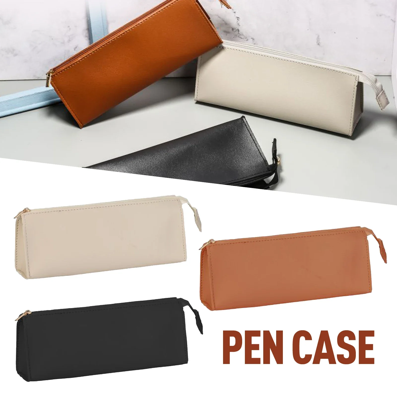 Astuccio per penne da 1 pezzo con cerniera in pelle di grande capacità con apertura in stile Instagram minimalista nero marrone beige Forniture di