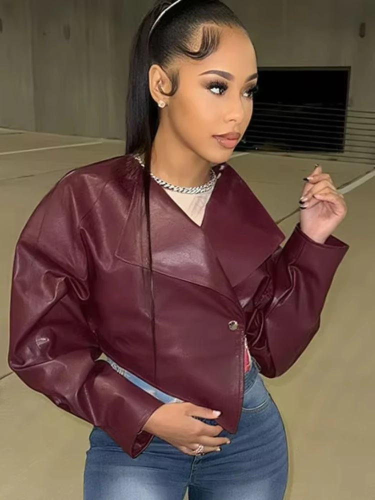

InGrily Faux Leather Hipster Crop Jacket Women Irregular Single Buckle Button Fashion Wild Basic Sexy Cross Neck Autumn Coat