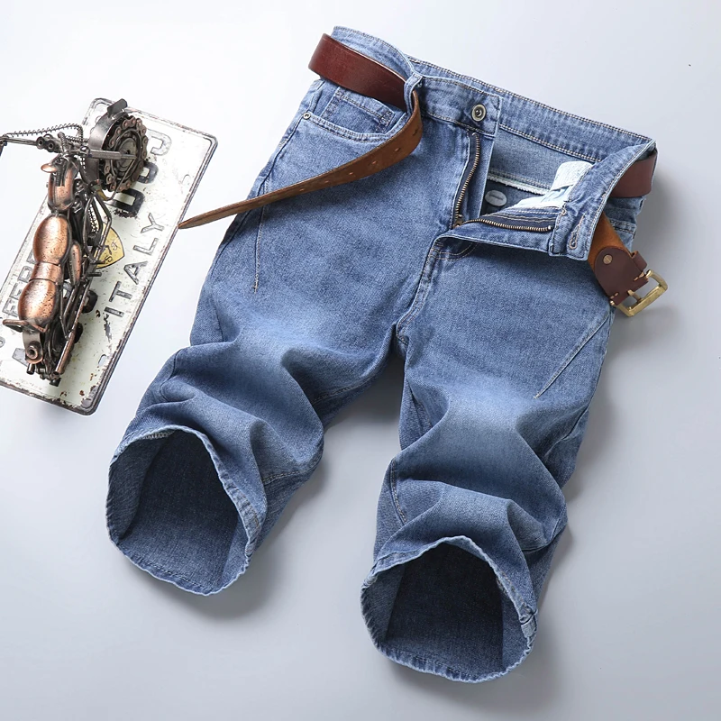 الصيف رقيقة سليم صالح تمتد جينس قصير النمط الكلاسيكي الأعمال عادية الضوء الأزرق لينة القطن مستقيم الساق الدنيم السراويل الذكور