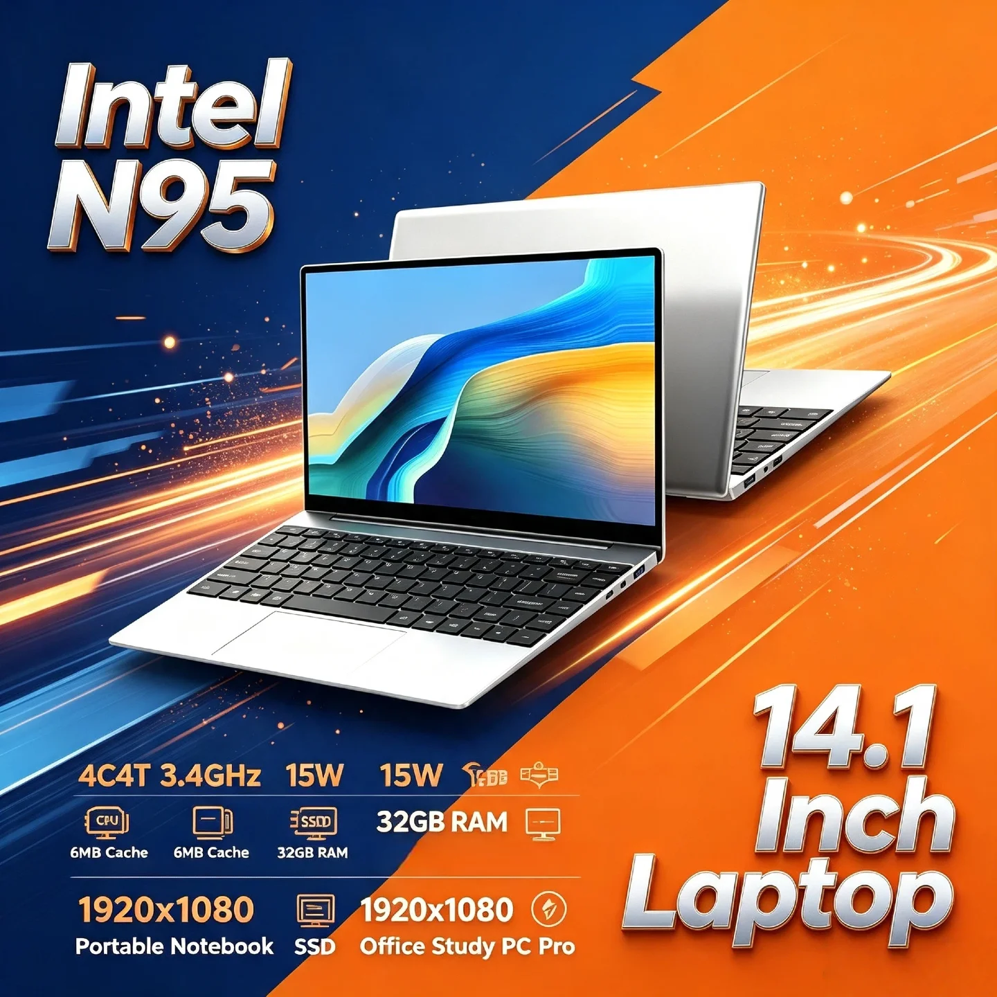 Intel N95 14.1 Inch Laptop 4C4T 3.4GHz 15W 6MB Cache 32GB RAM 1TB 2TB SSD 1920x1080 Portable Notebook Office Study PC Pro