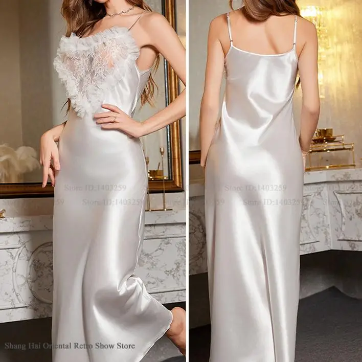 

Women's Long Nightgown Sleepwear Summer New Ice Silk Home Clothes Suspender Nightdress Lingerie Sexy Lace Nightwear Loungewear