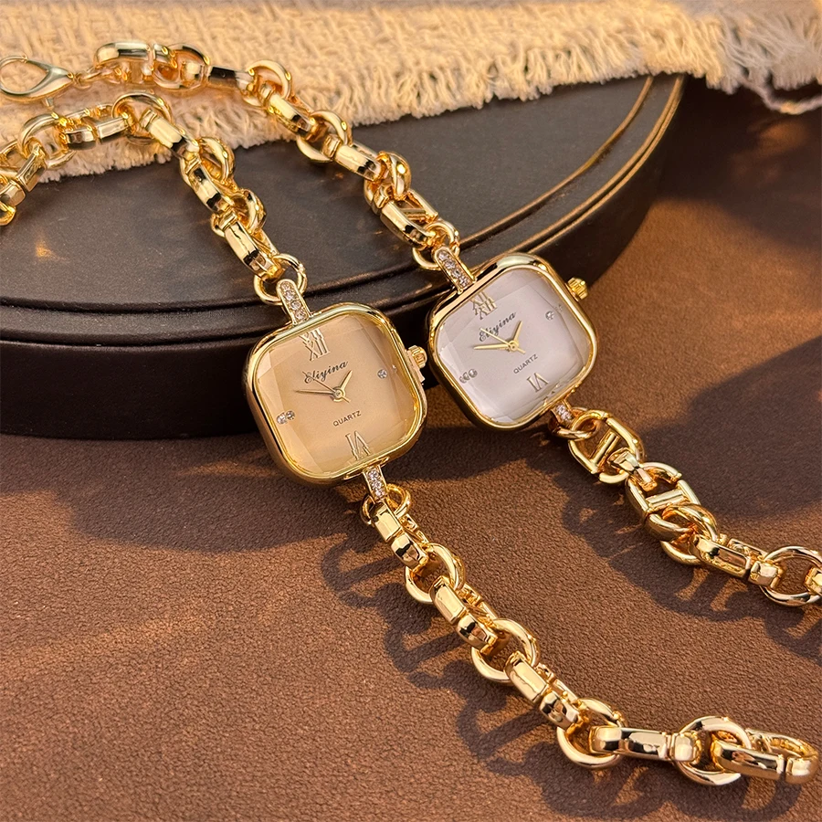 ساعة أوروبية أنيقة بسلسلة بسيطة عبر الحدود، حركة كوارتز زجاجية ذات قطع مربعة ممتازة للسيدات #1