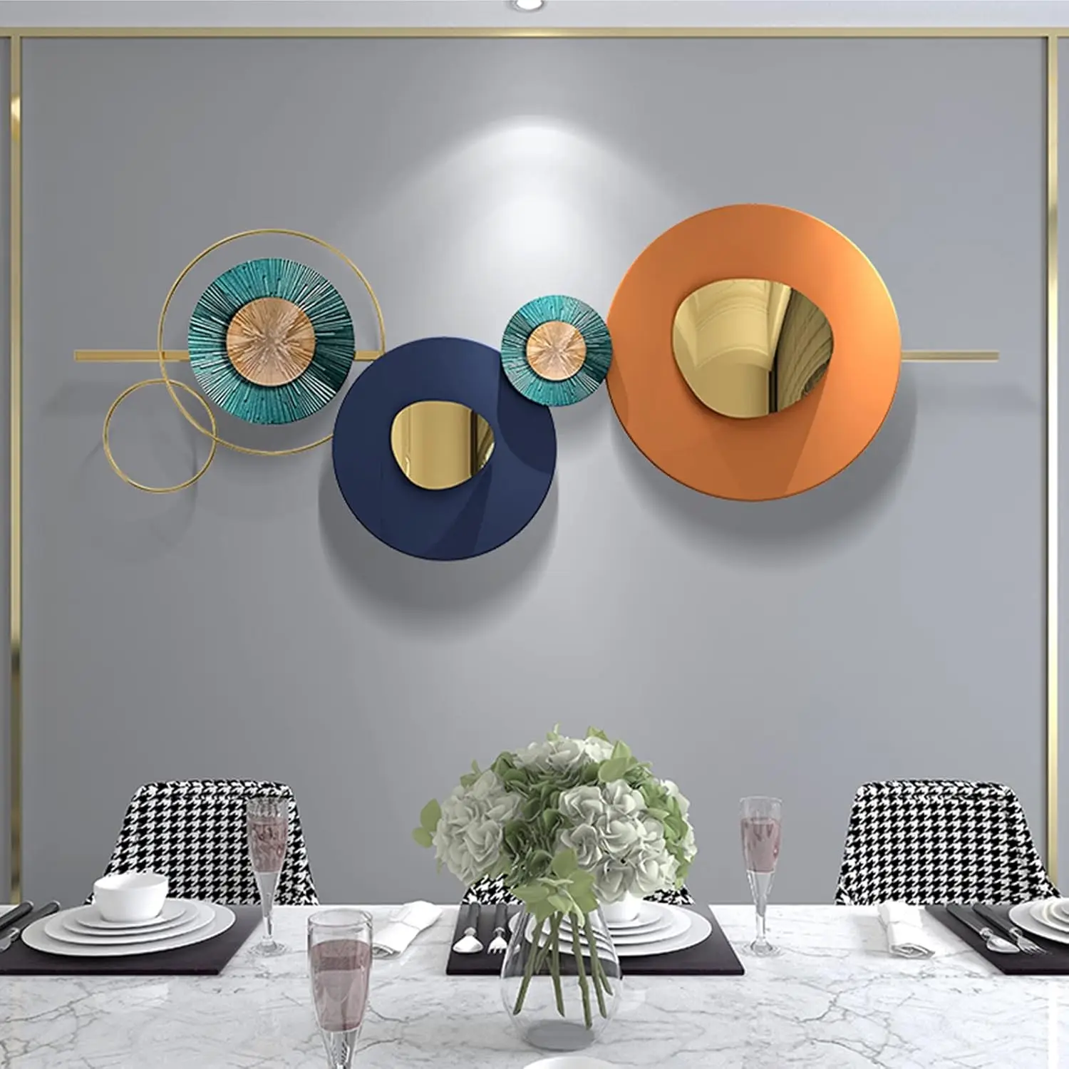 Décoration murale d'art en métal doré pour salon, décor d'art mural rond géométrique créatif moderne, grand mur 3D, 59 po × 19.6 po