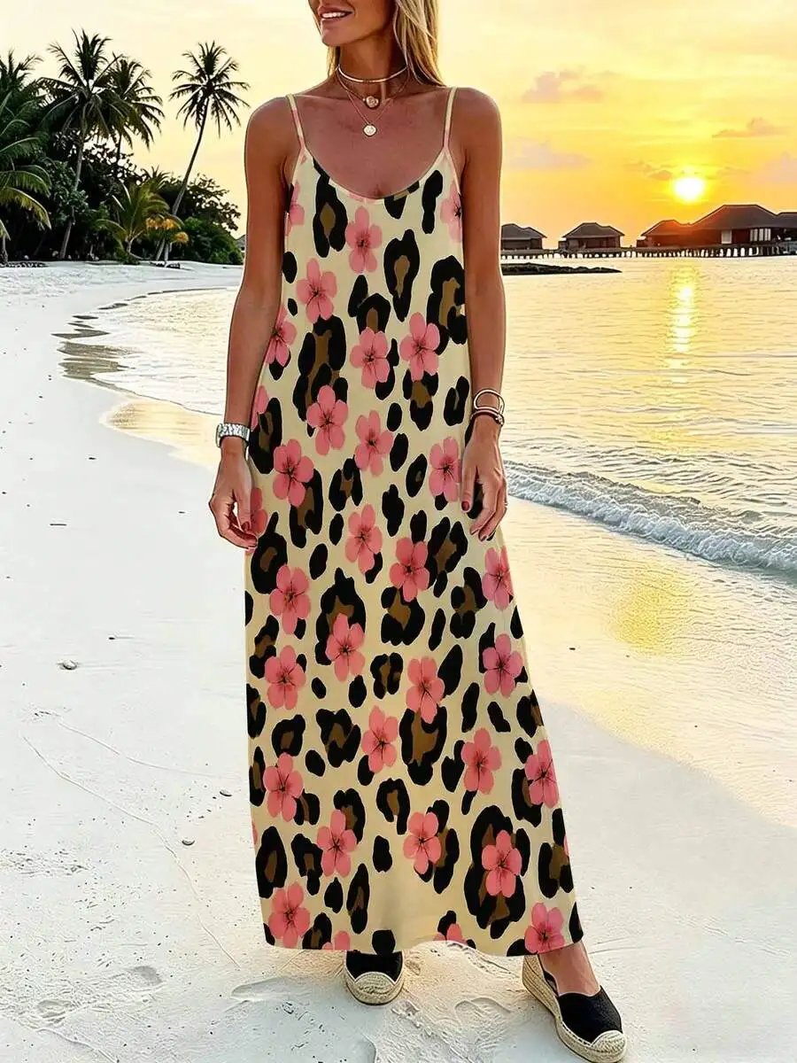 

Floral Leopard Print Backless Maxi Dress For Beach Vacation Summer Casual Outfit