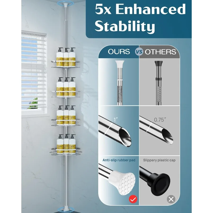 Нержавеющий угловой органайзер для душевой кабины, 4 регулируемые полки, натяжной столб, высота 34-116 дюймов для хранения в ванной комнате