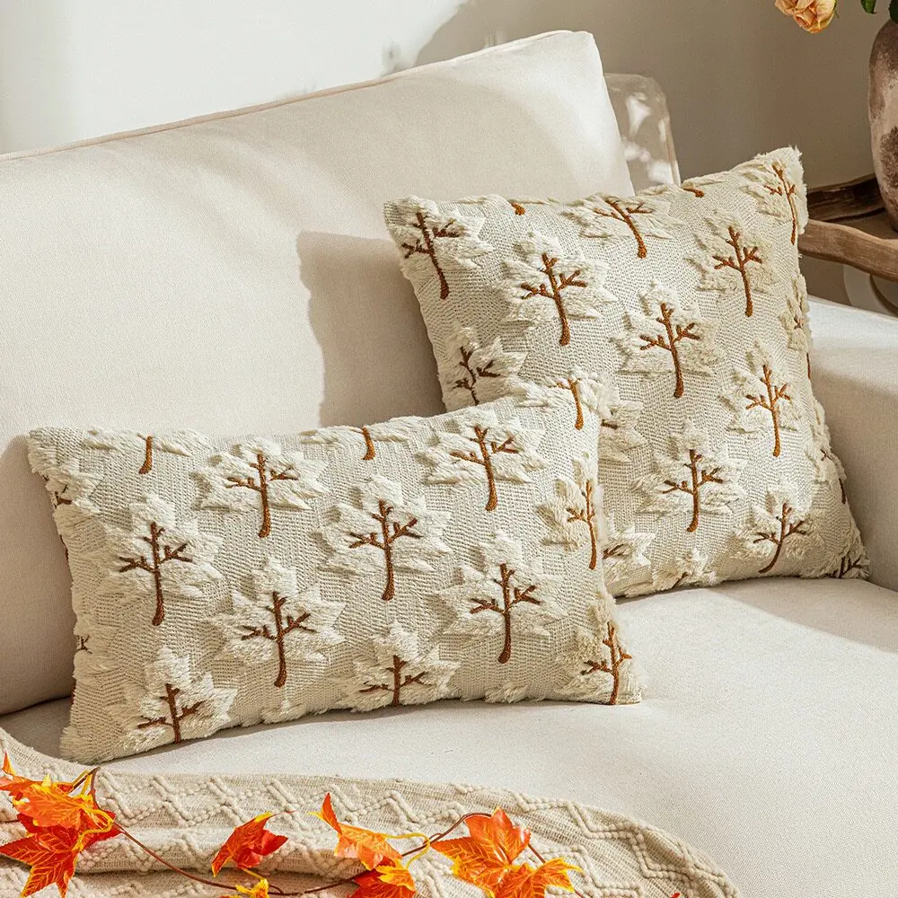 Soft Cozy 3D Embroidery Autumn Maple Leaf Plush Lumbar Support Pillow Cushion for Sofa Couch Bedroom Decor