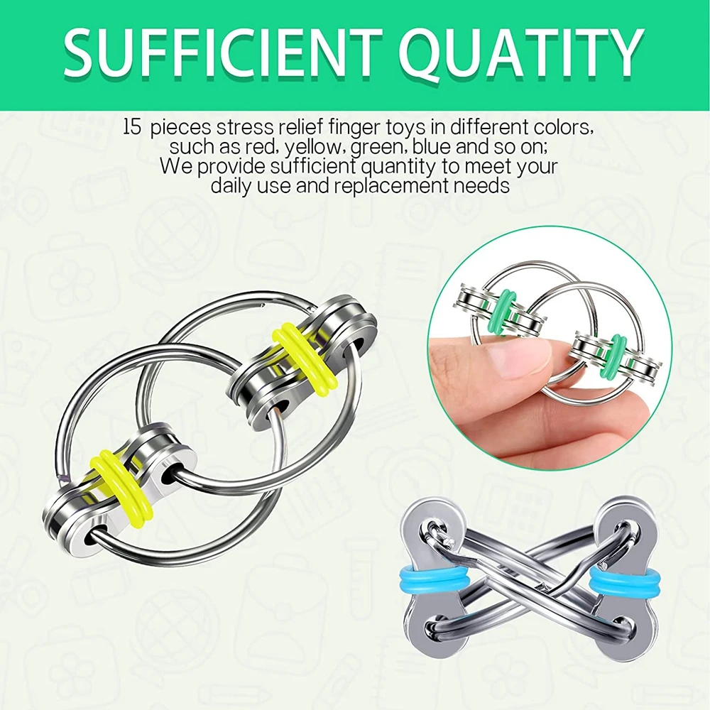 15 Stuks Fietsketting Fidget Speelgoed Flippy Vinger Roller Kettingen Sensorische Speelgoed Handheld Ring Voor Volwassenen Jongens Meisjes Angst Stress Verlichting