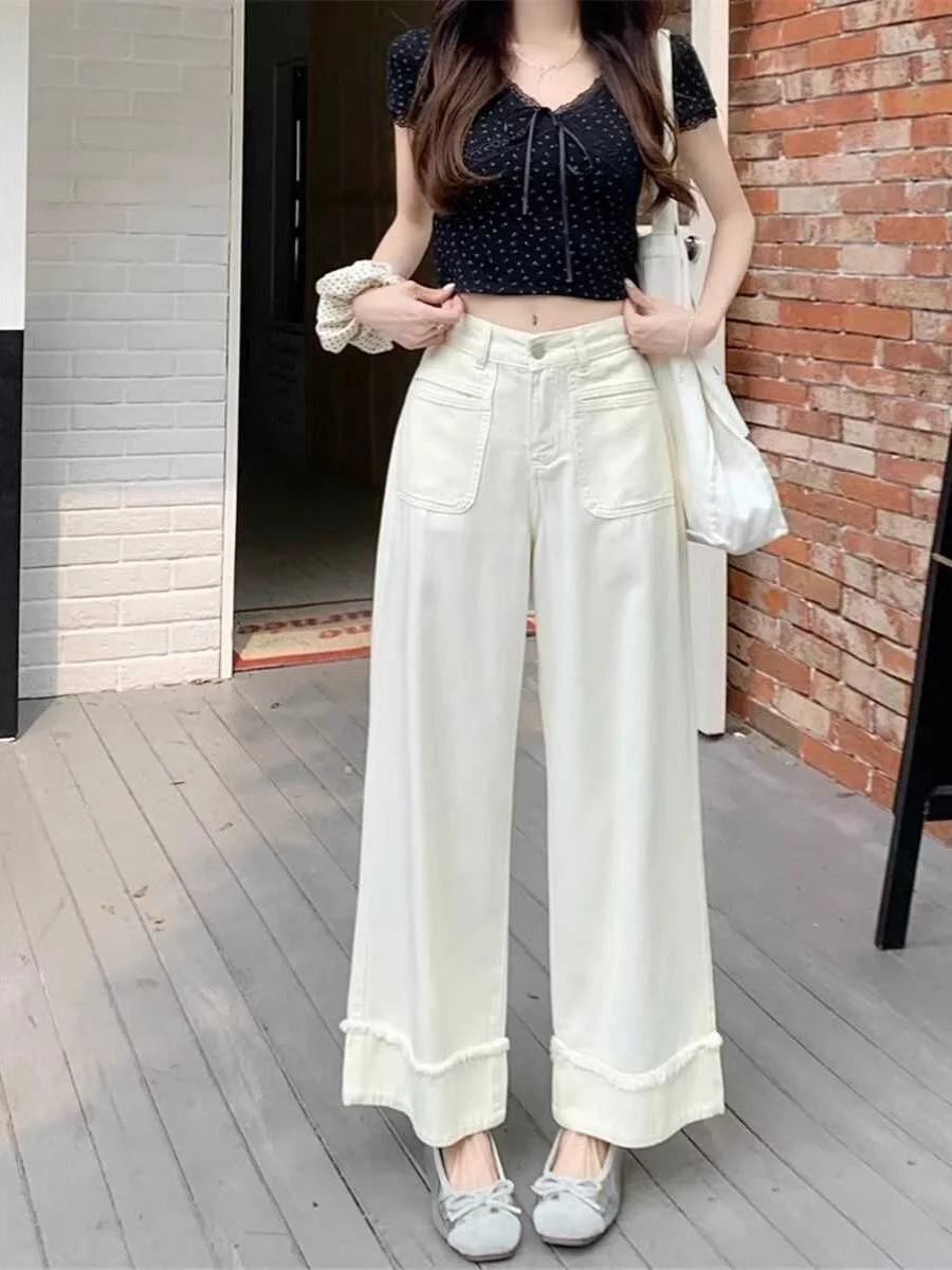 Plones vaqueros blancos de pierna ancha de cintura alta para mujer, plones vaqueros con abertura adeazantes de reta...