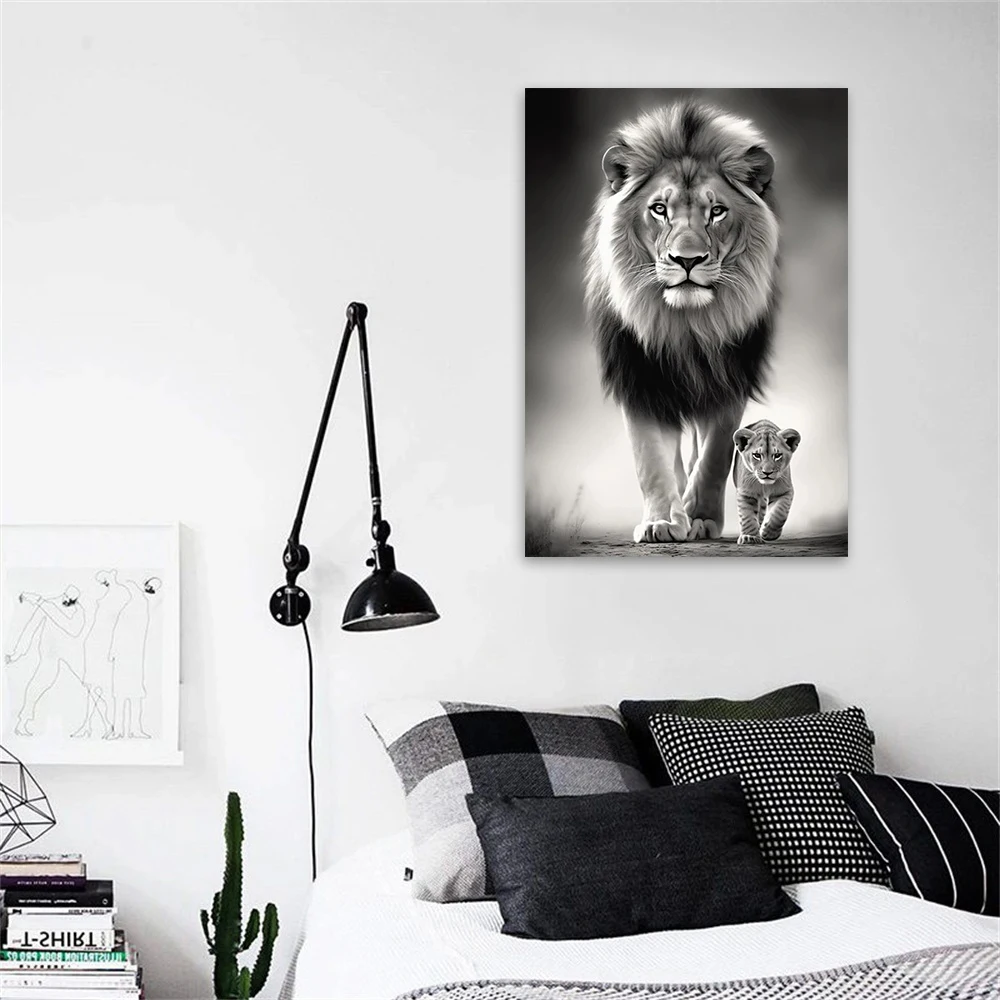 Black and White Animal Art Lion and Cub Poster Printing, Modern Wall Art Canvas Painting for Living Room Home Decoration