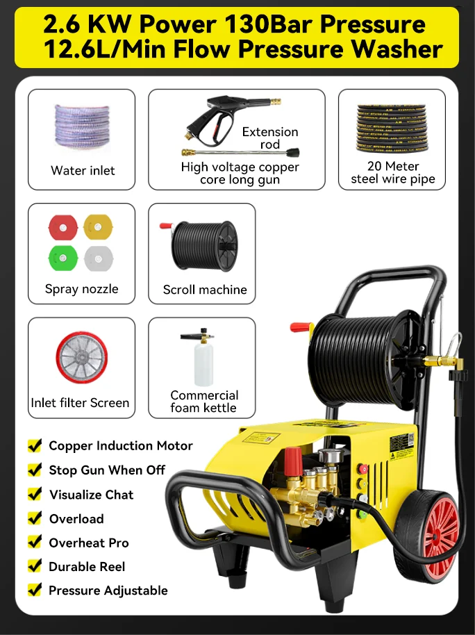 2600w Powerful High Pressure Cleaning Machine 130bar Pressure Adjustable Water Cleaning Machine Pressure Car Washer Equipment