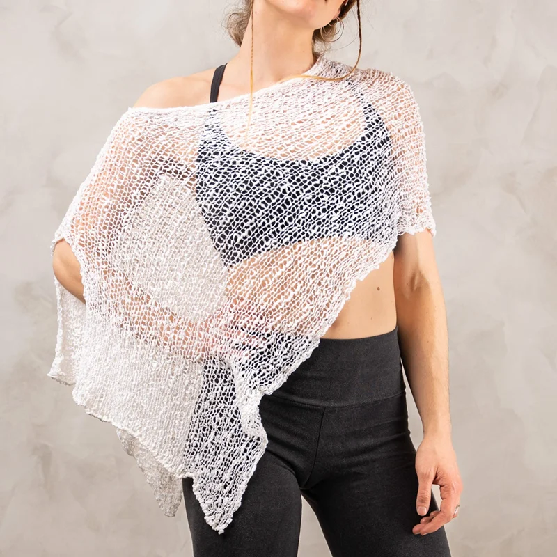 Combhasaki Women Knitwear Bikini Cover-up See-through Solid Off Shoulder Irregular Triangle Hem Loose Pullover Summer Beach Tops