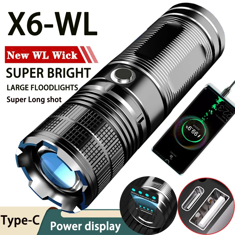 Rechargeable LED Flashlight Zoom High Power Torch Outdoor Camping 5 Lighting Modes Waterproof Type-C Super Bright Tactical Torch