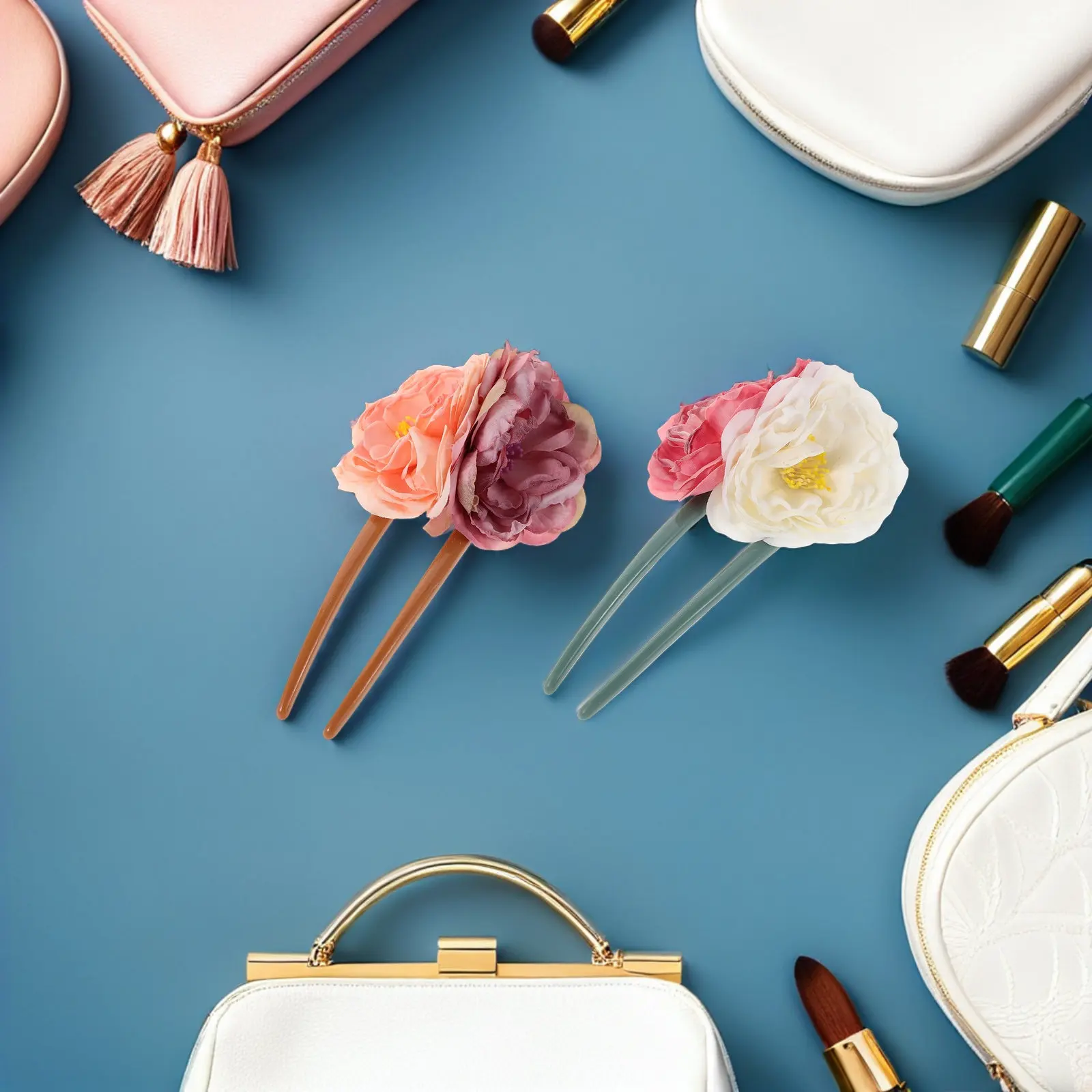 

4Pcs Handmade Chinese Hairpin - Fabric Floral Hair Sticks for Women U-Shaped Bun Holders Vintage Long Hair Updo Accessories