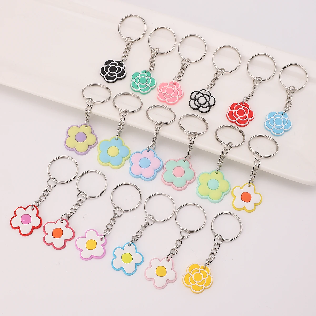 18pcs PVC Flower Keychain Cute Cartoon Bag Key Chain Keyring Ornament Bag Purse Charm Accessories Valentine's Day Gifts