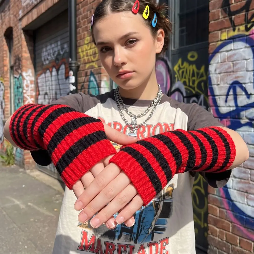 Fashion Y2K Striped Knitted Arm Sleeves Lolita Warm Fingerless Arm Warmers Sweet Gothic Style Long Fingerless Gloves Halloween