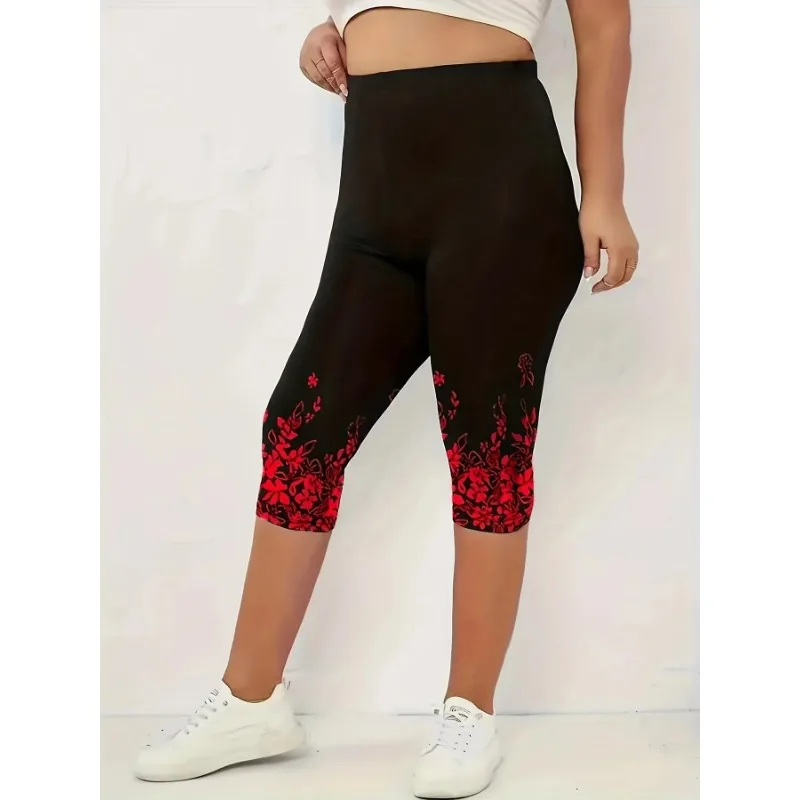 S-XXL เลกกิ้งคาปรีรัดรูปสำหรับผู้หญิง, เลกกิ้งแฟชั่นผ้ายืดทรงสลิมฟิตภาพพิมพ์ดอกไม้สูง