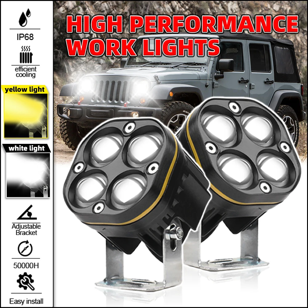 1/2PCS LED Work Light Wrangler Spotlight Super Bright Off-Road White Yellow Luminescence Cars DC12V Lamps Lighting Dual Color