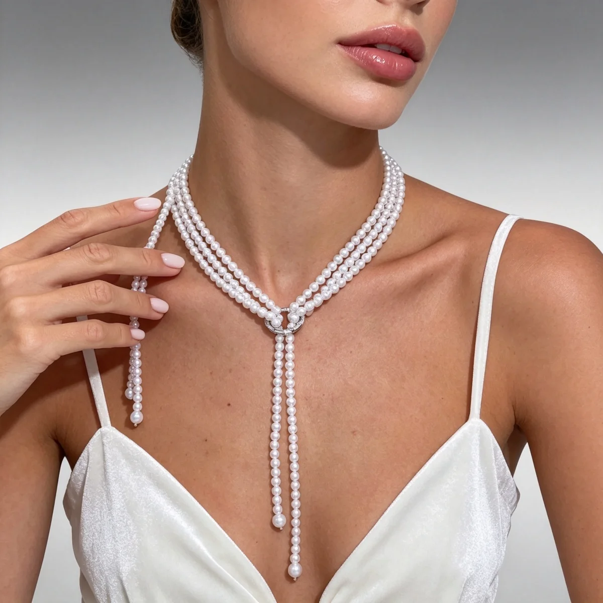 Elegante französische weiße lange Halskette mit kleinen künstlichen Perlen für Damen, Strass-Kreis, verschiedene Tragevarianten, Pulloverkette, Schmuck – Detail 11
