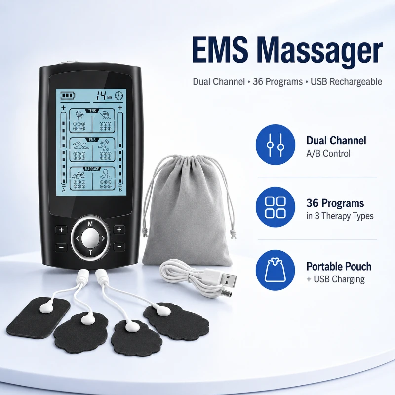1Pc EMS Muscle Stimulator, Pulse Massager, TTENS EMS MASSAG 3 In 1, A‑B Dual‑Channel Massage, Timed, For Home, Office, Travel