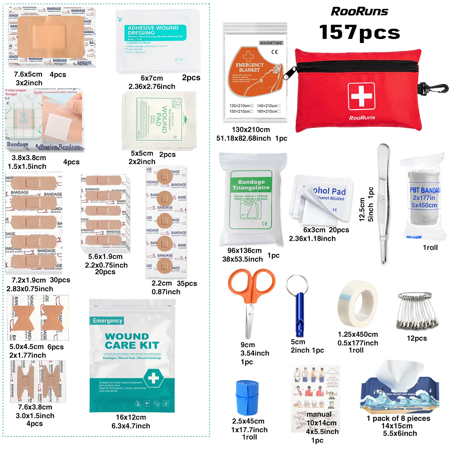 157Pcs Portable First Aid Kit Outdoor Emergency Medical Bag with Hook for Camping Hiking Travel Sports Survival Wound Care