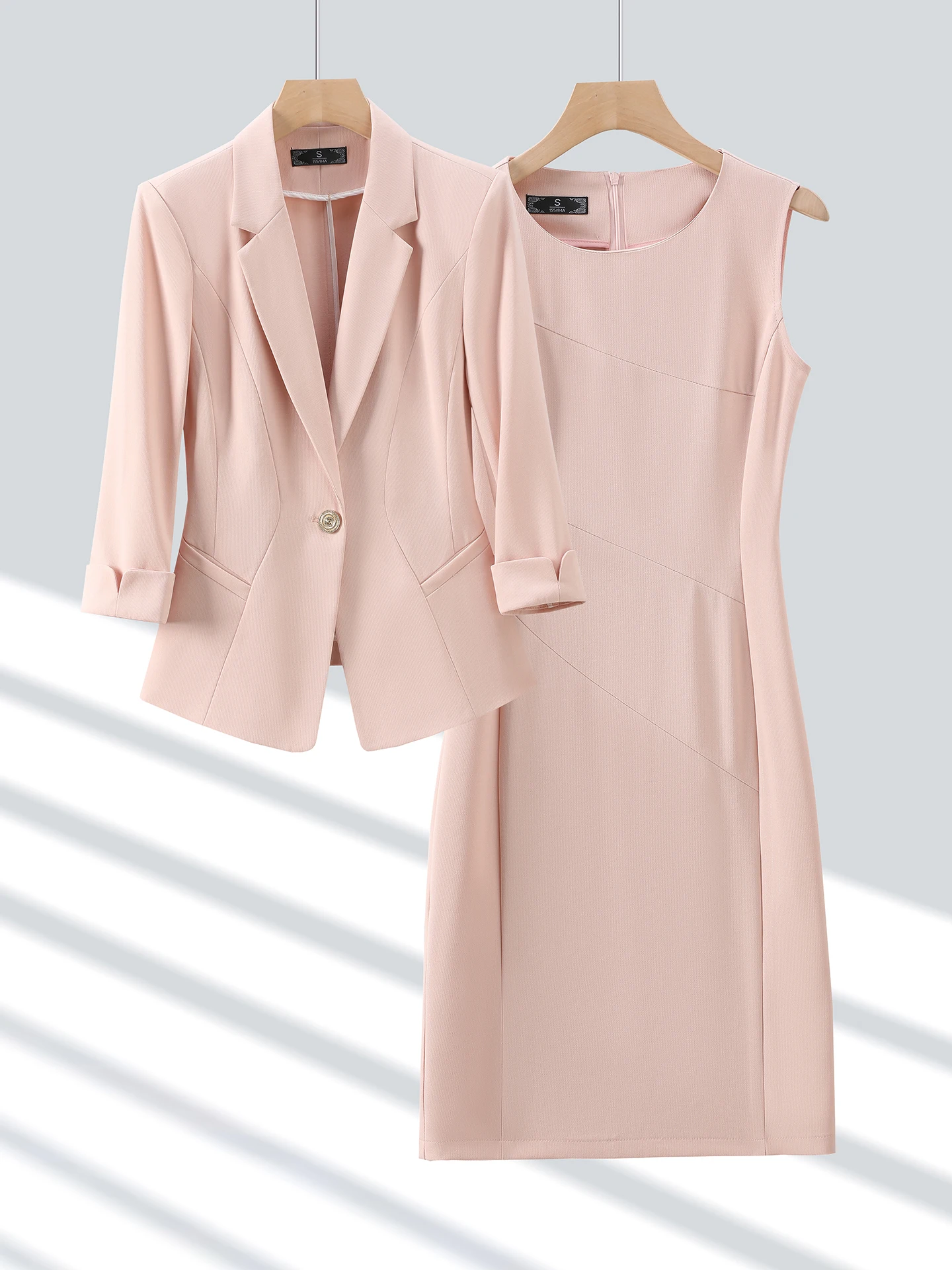Pink Suit Jacket Women's Small Size 2026 New Seven Sleeve Thin Professional Formal Dress Set Polyester Fiber round Neck One B...