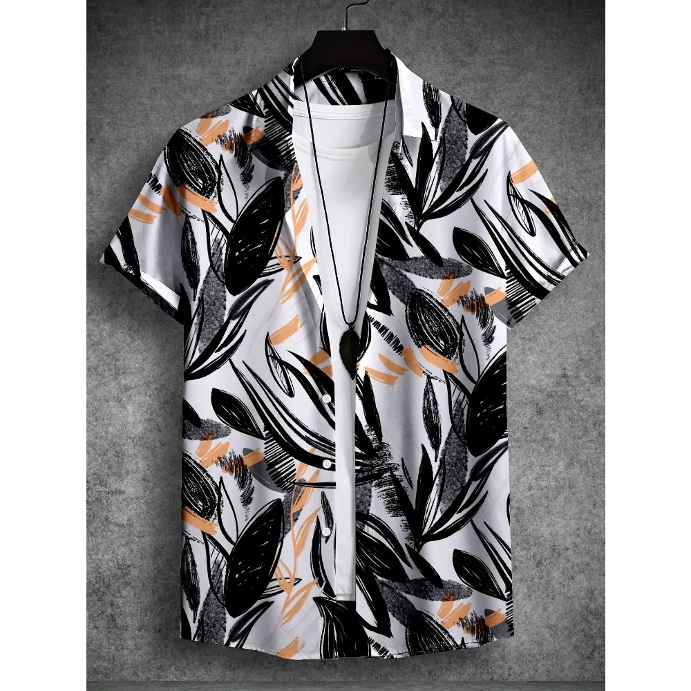 Smooth Lightweight Moderate Short Aloha Shirt Ink Painting Leaf Digital Print Anti Wrinkle Daily Blouse