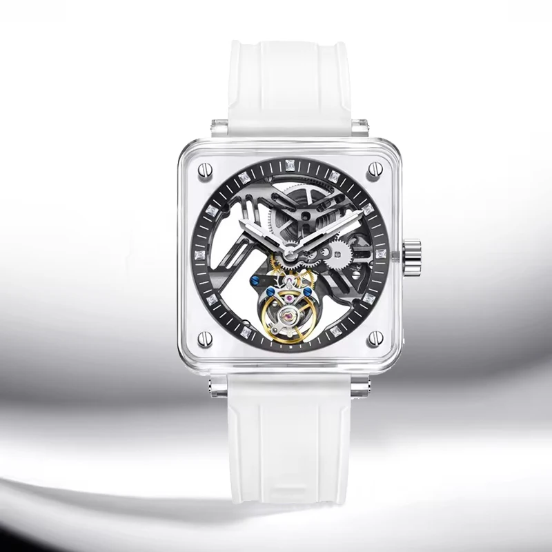 PINDU Genuine Tourbillon Movement Sapphire Mirror Men Wristwatches Transparent Case Rubber Strap Waterproof Mechanical Watches