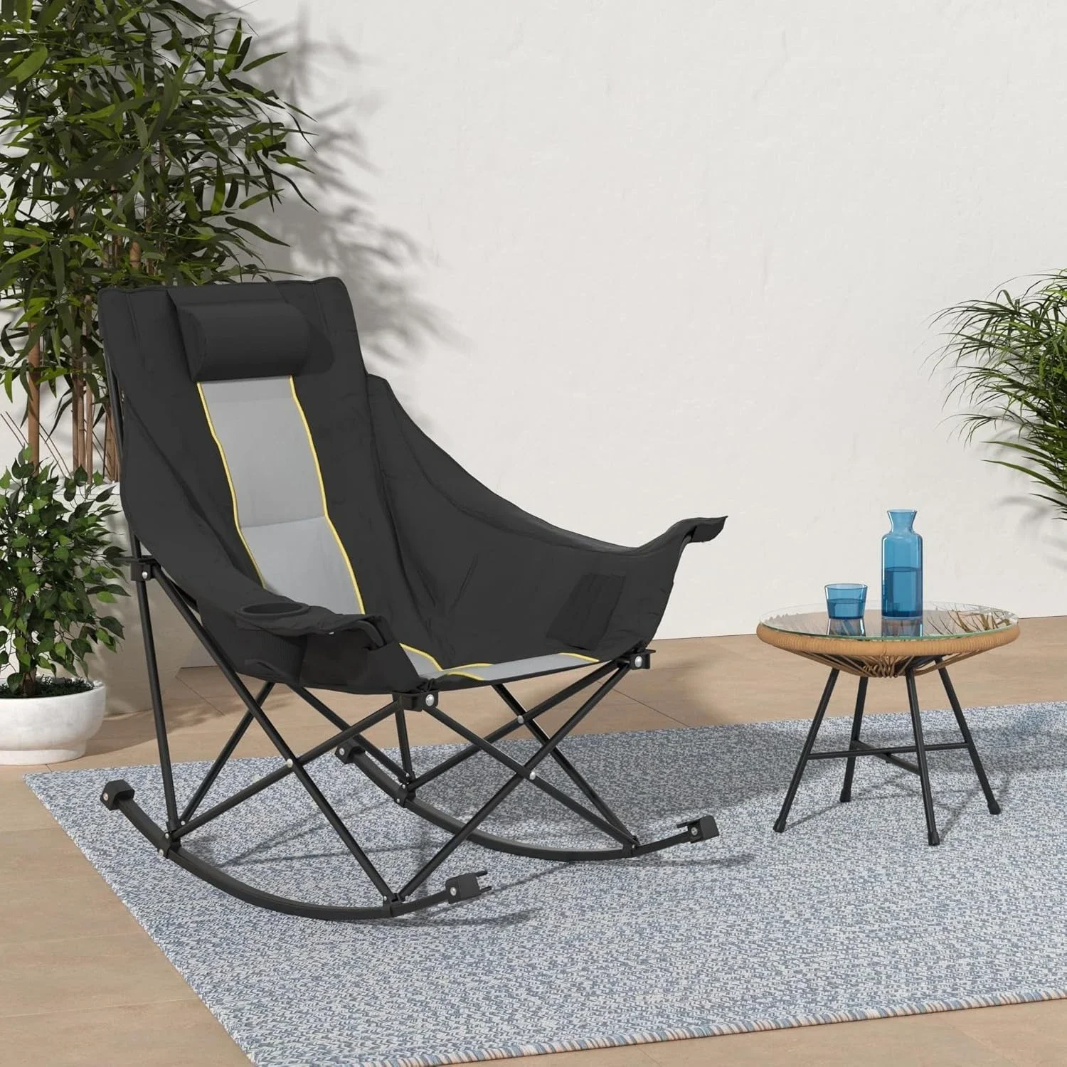 

Oversized Rocking Camping Chair, Fully Padded Patio Chair with Side Pocket and Carry Bag, High Back Portable Lawn Recliner
