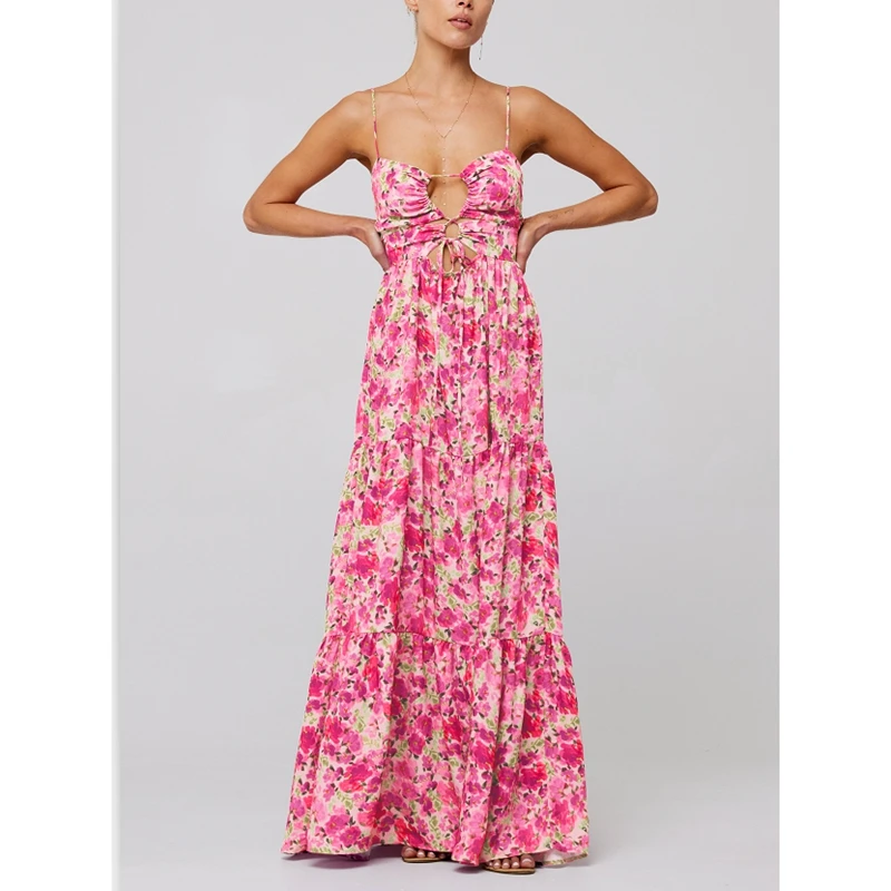 Combhasaki Damen-Sommer-Strandmode, ärmellos, Spaghettiträger, Kreuzbindung vorne, Loch, Blumendruck, Ausschnitt, A-Linie, Slip, langes Kleid