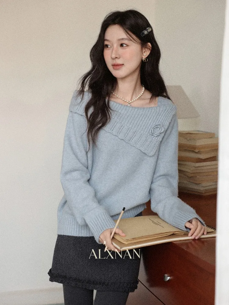 

ALXNAN женский осенне-зимний свитер французского свободного кроя универсальный синий свитер с матросским воротником теплый повседневный пуловер с длинными рукавами L59975