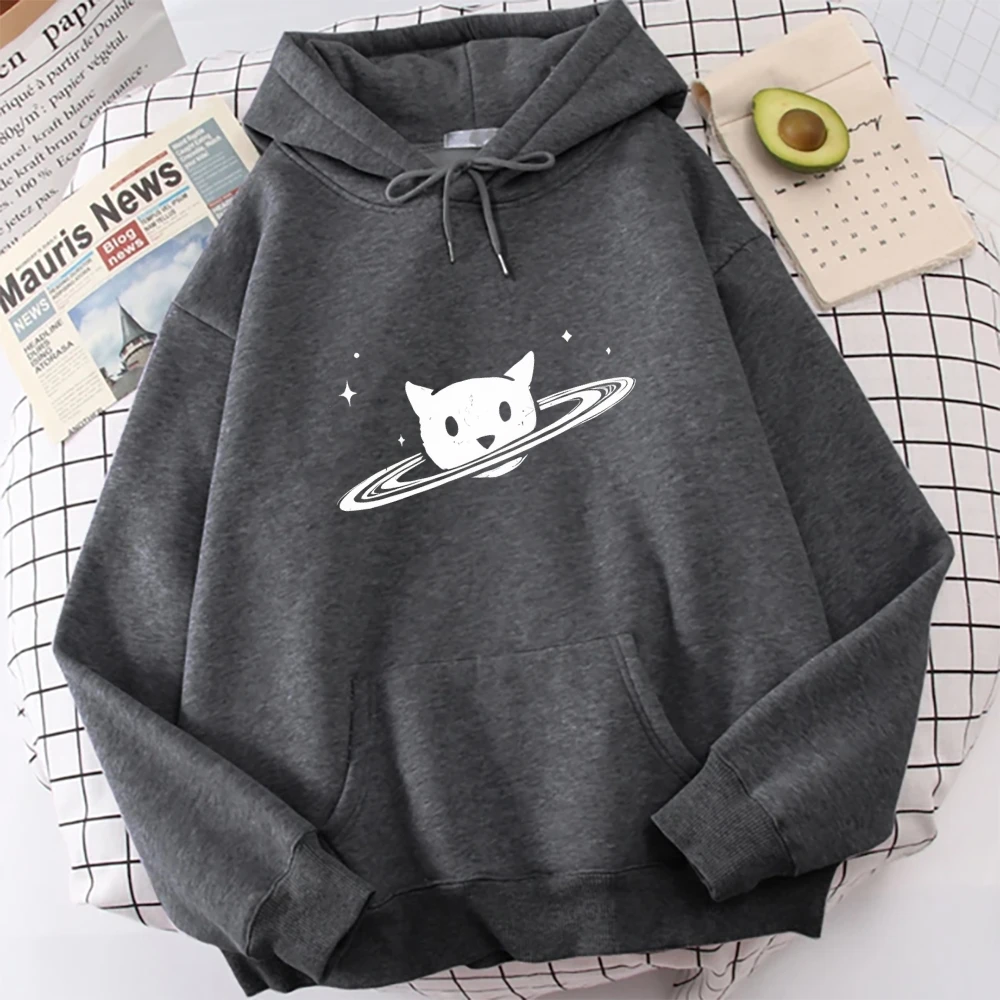 Gato planeta gráfico hoodie diversão cósmica animal de estimação impressão casual solto manga comprida único brincalhão elegante bonito adorável vestuário casual topo